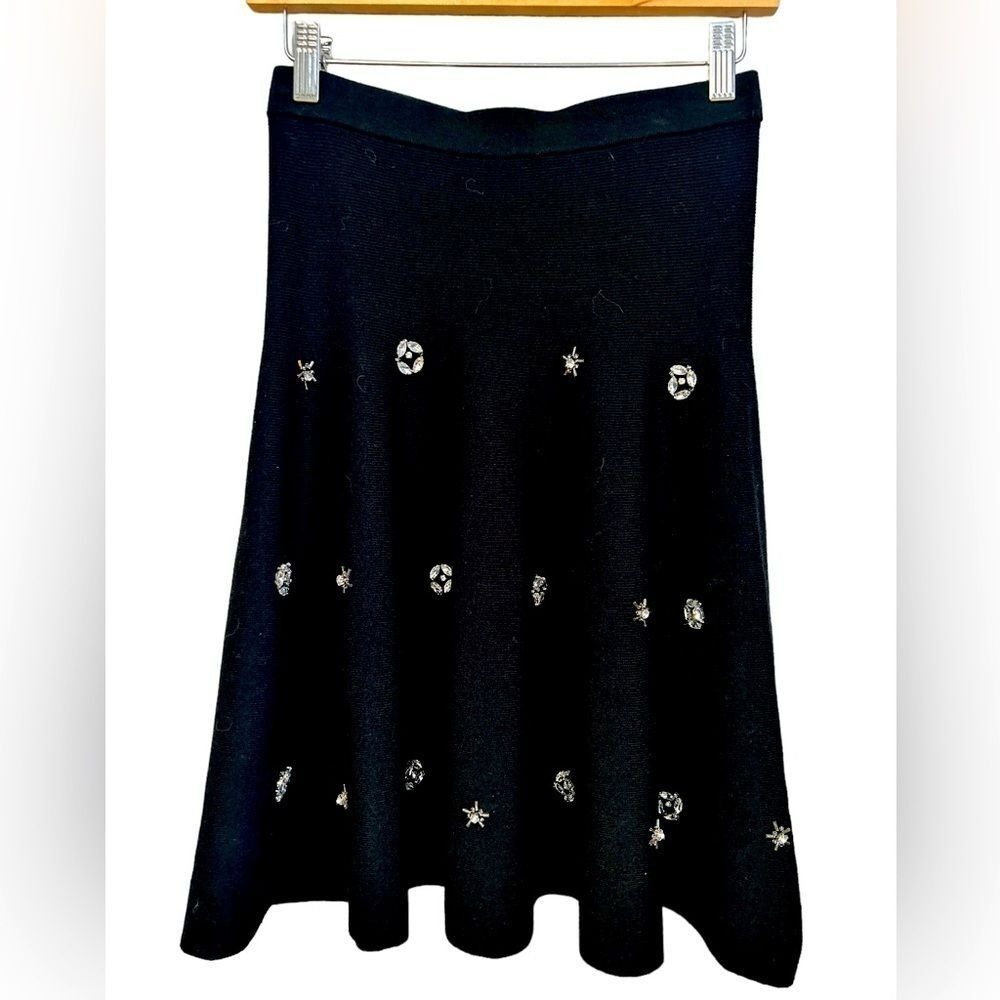 CARMEN MARC VALVO Black Embellished Knit A-Line Midi‎ Skirt Size XS